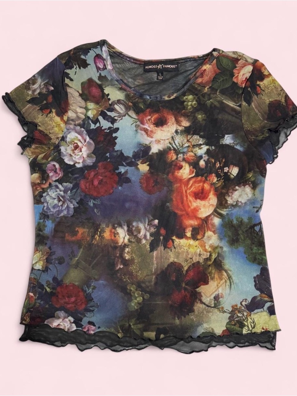 Almost Famous Floral Print Short Sleeve Mesh Top